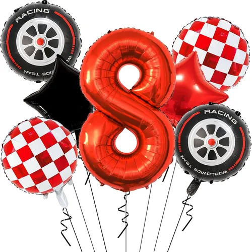 Vista 14 de Globos de auto de carreras para decoración de cumpleaños – Globos rojos de Mylar número 1 de 40 pulgadas – Globos rojos de aluminio rojo