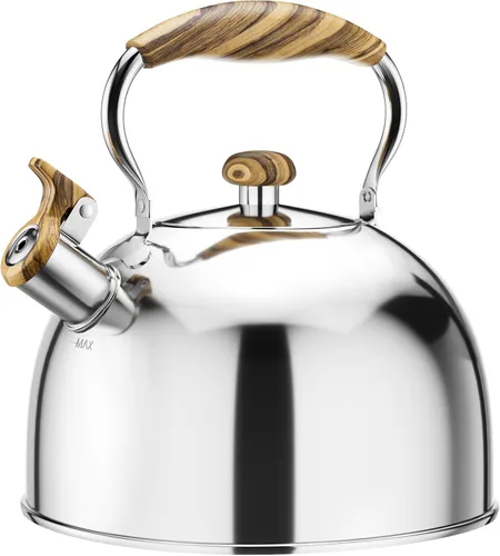 Vista 12 de Hervidor de té silbante de 2.6 cuartos de galón para estufa, de acero inoxidable de grado alimenticio con mango de madera con patrón fresco Negro
