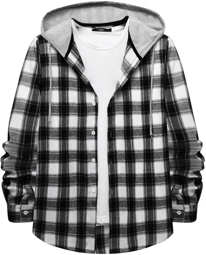 Vista 15 de Aymnlox Sudaderas con capucha para hombre, de manga larga, a cuadros, con botones, con capucha, casual, elegante, con cordón, 2024 #A01-Red