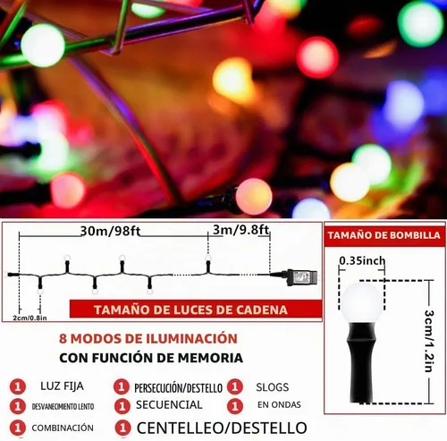 Vista 2 de Meteds - Luces LED de Navidad para exteriores, 300 LED, 32 m, 8 modos, luces de globo enchufables y conectables impermeables para decoraciones