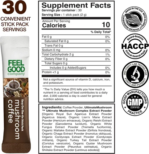 Vista 4 de Feelgood Company - Café de hongos con 10 hongos orgánicos y café arábica, 30 paquetes de barritas, cero azúcar añadido, apoya la salud inmunológica