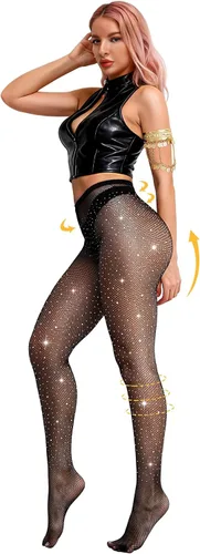Vista 3 de VEBZIN Medias de red brillantes y sexys con joyas de cintura alta para mujer, medias de red con diamantes de imitación para fiesta