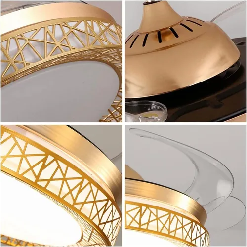 Vista 5 de Candelabro Bluetooth de 42 pulgadas con luces y control remoto, ventilador de techo moderno con cuchillas retráctiles, color dorado