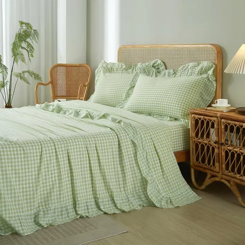 Vista 2 de LifeTB Blue Gingham Ruffle Full Sheets Set 4 Piece Boho Plaid Bed Sheets