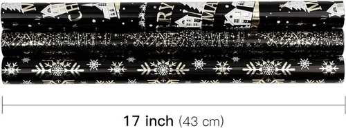 Vista 7 de RUSPEPA Juego de papel de regalo de Navidad negro y dorado, mini rollo, papel de regalo navideño con lámina dorada con árbol, copo de nieve y diseño