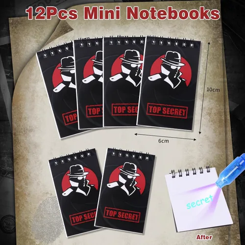 Vista 4 de Winrayk Detective Party Favors Spy Suministros de cumpleaños Bolígrafo de tinta invisible Cuaderno secreto Etiqueta de nombre de agente secreto Lupa