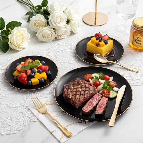 Vista 3 de YOUBET 125 piezas de platos de plástico negros y dorados - Platos desechables negros con borde dorado - Incluye 25 platos de cena, 25 platos