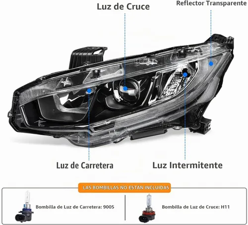 Vista 3 de DWVO Conjunto de faros proyector con luces diurnas Compatible con 2016 2017 2018 2019 2020 2021 Civic Reemplazo de faros en par Carcasa negra