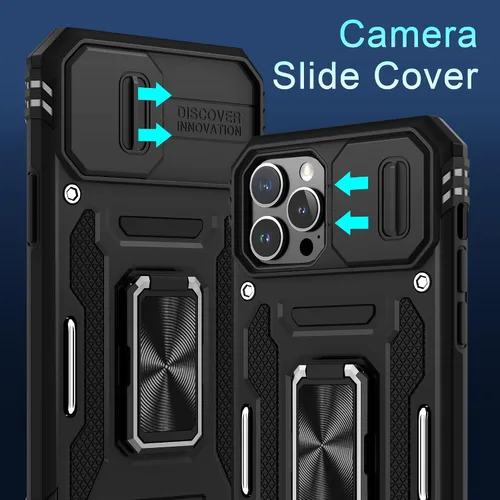 Vista 2 de DEERLAMN Funda para iPhone 13 Pro Max con cubierta deslizante para cámara + protector de pantalla (1 unidad), anillo giratorio con soporte de grado