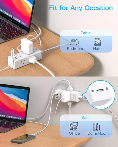 Vista 5 de One Beat Cable de extensión corto de 1 pie, regleta de alimentación de enchufe plano, 6 salidas amplias con 3 puertos USB (1 USB C), regleta