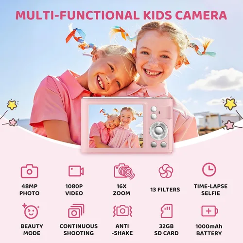 Vista 2 de Cámara digital, 48MP FHD 1080P cámara de apuntar y disparar con zoom de 16x, cámara portátil compacta antivibración para fotografía con tarjeta