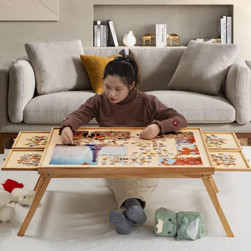 Vista 9 de TEAKMAMA Tablero de rompecabezas de madera de 1500 piezas con 4 cajones, mesa de rompecabezas plegable con cubierta protectora, tablero de Marrón
