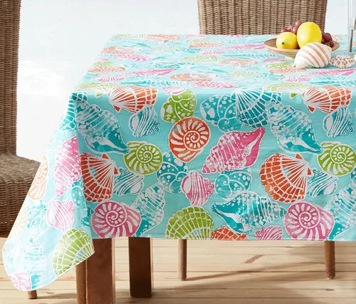 Vista 7 de Newbridge Mantel cuadrado de vinilo con parte trasera de franela, 52 x 52 pulgadas, estampado de conchas tropicales costeras, vinilo impermeable