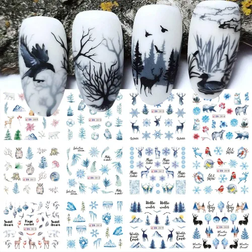 Vista 12 de Calcomanías de arte de uñas de Halloween, calcomanías de transferencia de agua, 12 unidades, calabaza, esqueleto, araña, fantasma, hoja de arce