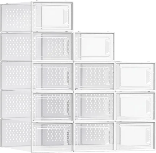 Vista 8 de SONGMICS Cajas de zapatos, paquete de 12 organizadores de almacenamiento de zapatos, cajas apilables de plástico transparente para armario, tenis