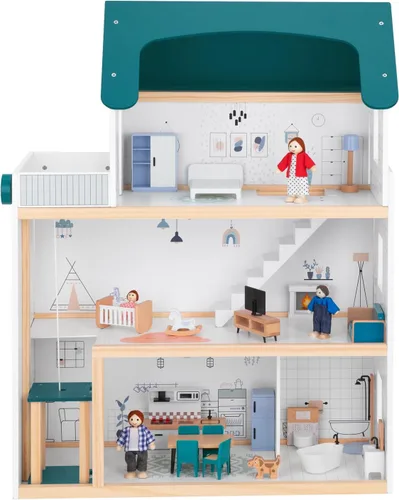 Vista 9 de OOOK Casa de muñecas de madera con elevador elevable, casa de muñecas moderna de 2.6 pies de alto para niños pequeños, incluye 21 muebles, 4 muñecas