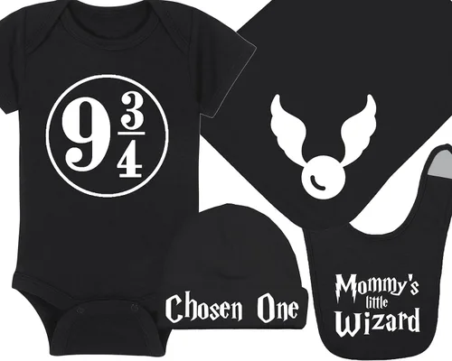 Vista 18 de Sombrero de bebé Wizard - Chosen One (tela negra - diseño dorado)