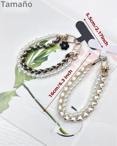 Vista 2 de Correa de muñeca para teléfono con cuentas de perlas, pulsera de teléfono desmontable con lengüeta de sujeción, pulsera universal con cuentas
