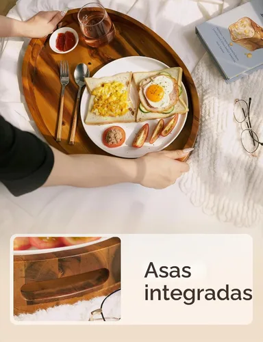 Vista 3 de TIDITA Bandeja otomana de madera de acacia con asas, redonda de 20 x 15 pulgadas, bandejas ovaladas grandes para sala de estar, bandejas de madera