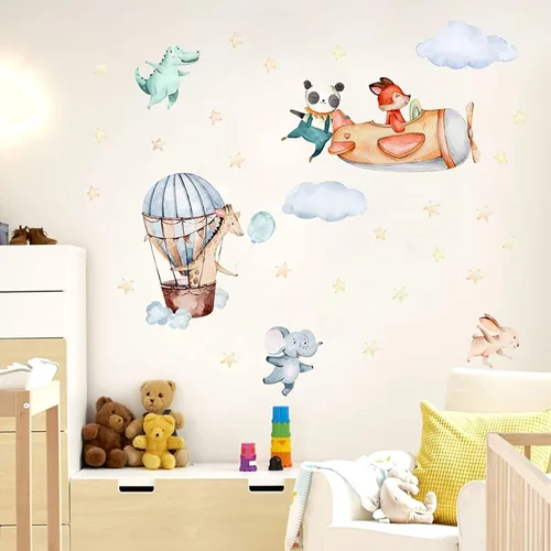 Vista 4 de TOARTI Calcomanía de pared de animales de avión, colorida calcomanía de pared para habitación de bebé, animales de dibujos animados para habitación