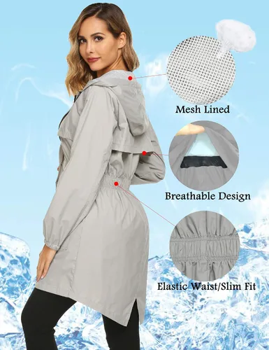Vista 5 de Avoogue Chaqueta impermeable para mujer, ligera, plegable, con capucha, rompevientos con bolsillo activo