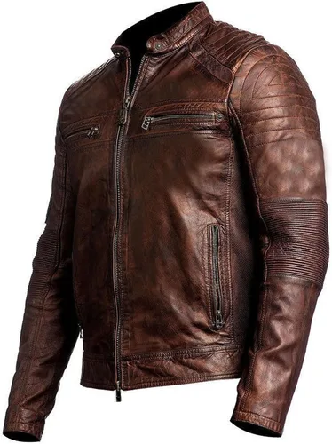 Vista 2 de SKY-SELLER Chaqueta acolchada de cuero para motocicleta con acolchado marrón para hombre