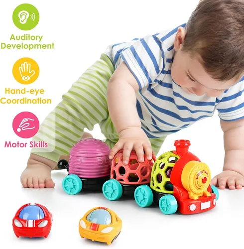 Vista 8 de iPlay, iLearn Tren de juguete para bebés, autos suaves para niños de 6 a 12 meses, camión musical Push N Go, sonajero sensorial para niños pequeños