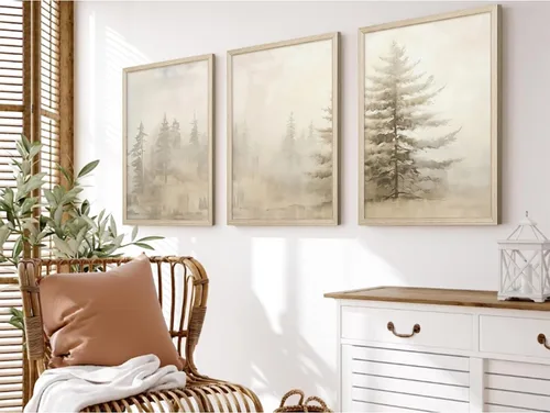 Vista 3 de Arte de pared de bosque brumoso, arte de pared de abeto, paisaje natural, lienzo, impresiones abstractas de bosques, pintura de granja, póster