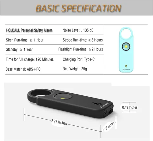 Vista 5 de Alarma de seguridad personal para mujeres, sirena fuerte de 135 dB con luz estroboscópica, advertencia acústica, alarma de seguridad de emergencia