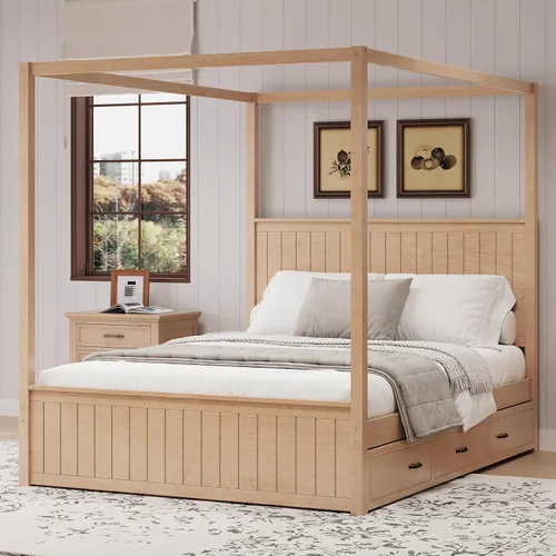 Vista 3 de Moderna plataforma de cama con dosel con dosel, tamaño Queen con cabecera de canal, plataforma de diseño de dosel de madera maciza con nido y 3