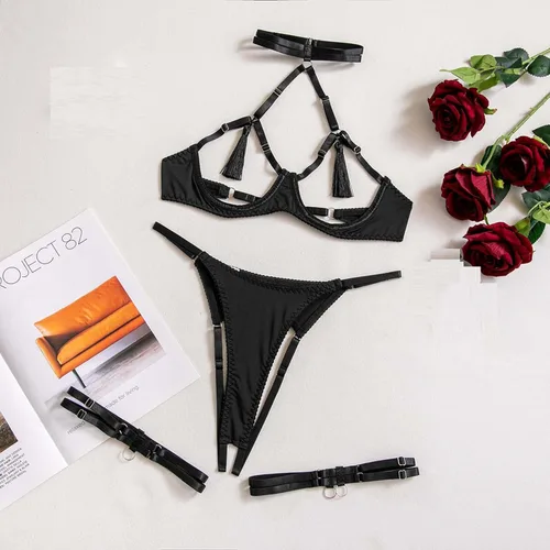 Vista 5 de Conjunto de lencería sexy para mujer para sexo, travieso, halter, con borlas huecas, brasier y bragas, juego de roles, babydoll exótico