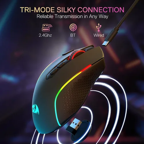 Vista 3 de Redragon M810 MAX - Mouse inalámbrico para juegos de 3 modos, 12000 DPI con cablemouse RGB inalámbrico con llave de fuego rápido, 8 botones macro