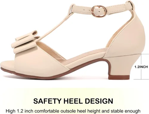 Vista 7 de PANDANINJIA Lilly Zapatos de vestir para niñas con tacón y correa en T, puntera abierta, lazo para niños pequeños y grandes, zapatos para niñas