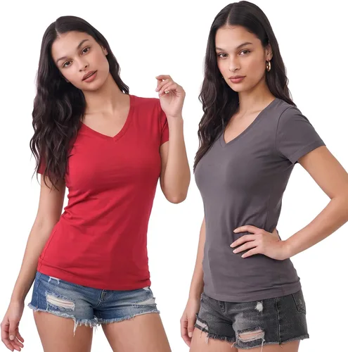 Vista 92 de Emmalise Camiseta de manga corta para mujer, cuello en V, tallas junior y plus