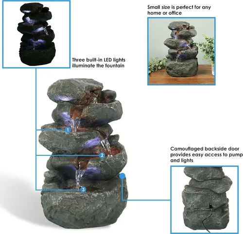 Vista 7 de sunnydaze Stacked Rocas mesa Fuente de agua con luces LED, 10.5 inch Rock Water Fountain with Calm Sounds for Meditation, Indoor Desk Water