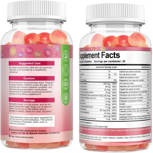 Vista 9 de Totaria Gomitas multivitamínicas sin azúcar para mujeres mayores de 14 años con hierro, inositol, folato, biotina, gomitas multivitamínicas diarias