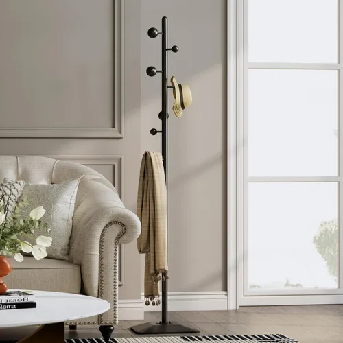 Vista 7 de Perchero de pie, Árbol de abrigos de pie resistente con 7 ganchos de bola, Soporte para colgar abrigos con base de metal para entrada, pasillo