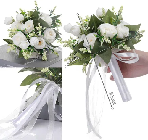 Vista 4 de EUBUY Ramos de boda para dama de honor, rosas artificiales blancas de 10.2 pulgadas, juego de ramos de seda de la serie Forest con lazo de cinta