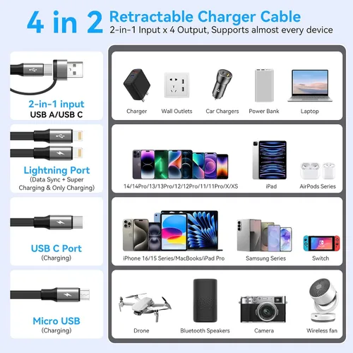 Vista 3 de Cable de Carga Retráctil 4 en 1 de 4A, Paquete de 2 Cargadores Múltiples de 4 Pies para Todos los Dispositivos, Cable de Carga USBC con A/C a Tipo