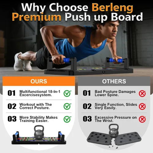 Vista 2 de Berleng Tabla de Flexiones – Soporte de fitness plegable para flexiones 36 en 1 para entrenamiento de fuerza portátil. Equipo robusto y estable