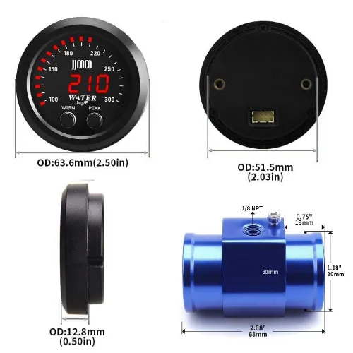 Vista 3 de Medidor de temperatura de agua universal de 52 mm, 100-300F (38-150C), electrónico, digital, LED, rojo, DC12V/24V, para automóvil, con adaptador