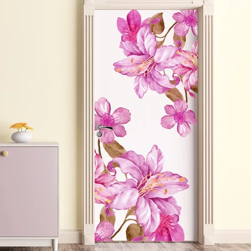 Vista 6 de Calcomanías de pared de flores rosas gigantes, calcomanías de pared florales de lirio, bricolaje, extraíble, flor de durazno, hojas marrones