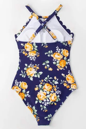 Vista 5 de CUPSHE - Traje de baño de una pieza para mujer, estampado floral, cuello alto, corte festoneado