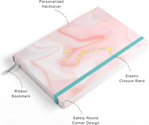 Vista 2 de Cuaderno rayado, tapa dura de mármol rosa, tamaño mediano de 5.7 x 8.4 pulgadas, 160 páginas de papel grueso, bonito cuaderno estético A5 con rayas