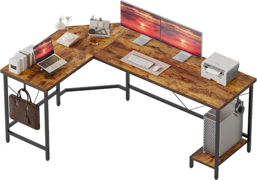 Vista 32 de Mericonia Escritorio para Computadora en Forma de L con Tomas de Corriente, Escritorio de Juegos Reversible con Estantes de Almacenamiento y Soporte