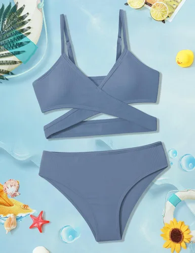Vista 4 de Conjunto de bikini para niñas, traje de baño de dos piezas, traje de baño cruzado para niñas