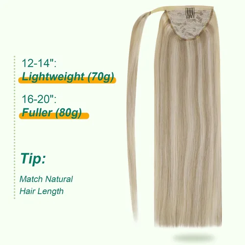 Vista 5 de Easyouth Extensión de cabello humano rubio con cola de caballo, extensiones de cabello humano rubio dorado con reflejos rubios, extensiones