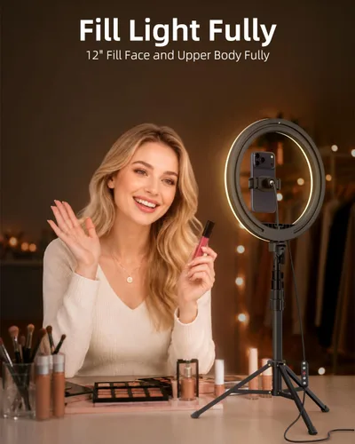 Vista 5 de TODI Anillo de luz de 12 pulgadas con soporte de trípode extensible de 63 pulgadas, anillo de luz para selfie con soporte para teléfono y control