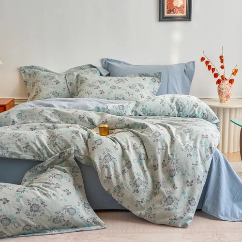 Vista 14 de Juego de funda de edredón blanca con estampado floral azul, juego de ropa de cama de algodón suave estilo bohemio, juego de ropa de cama estética
