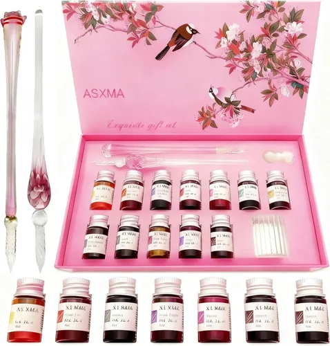 Vista 8 de Juego de plumas caligráficas de inmersión con 6 botellas de tinta, Pluma de Ganso, Pluma de Inmersión de Madera, Pluma de Inmersión de Vidrio, Kits